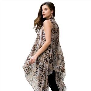 Brown Leopard Pattern Sleeveless Cardigan Kimono Layer Vest Sz OS